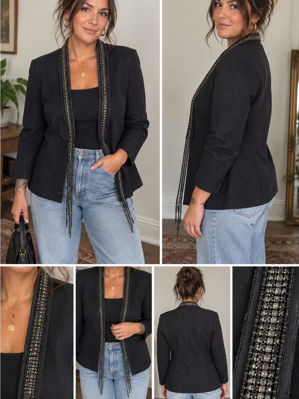 Rock & Republic Black Women's Blazer with Beaded Trim